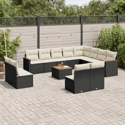 Salon de jardin avec coussins 13 pcs noir résine tressée