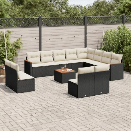 Salon de jardin avec coussins 13 pcs noir résine tressée