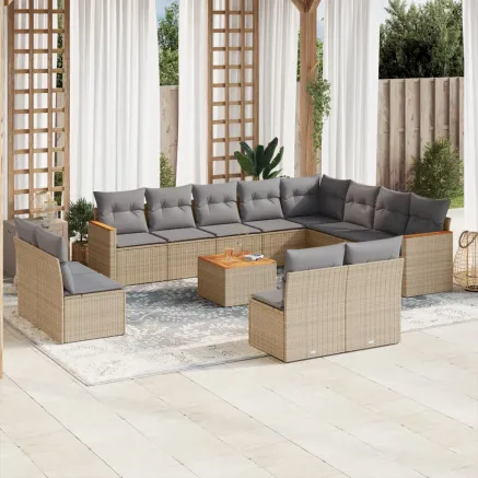 Salon de jardin et coussins 13 pcs mélange beige résine tressée