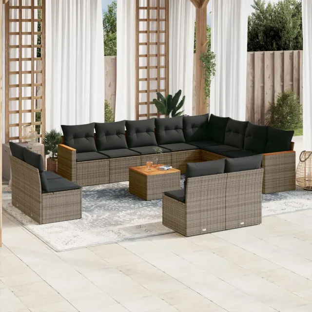 Salon de jardin avec coussins 13 pcs gris résine tressée