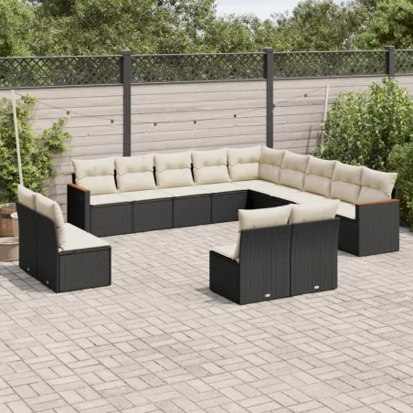 Salon de jardin avec coussins 13 pcs noir résine tressée