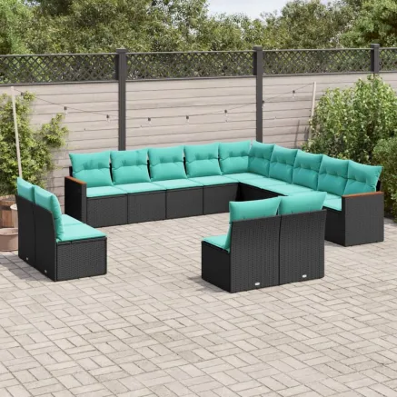 Salon de jardin avec coussins 13 pcs noir résine tressée