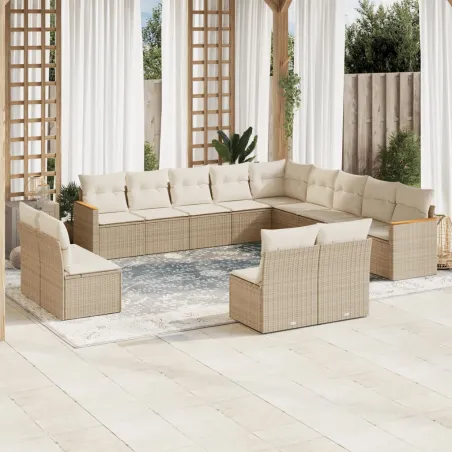 Salon de jardin avec coussins 13 pcs beige résine tressée