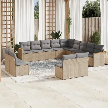 Salon de jardin et coussins 13 pcs mélange beige résine tressée