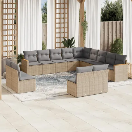 Salon de jardin et coussins 13 pcs mélange beige résine tressée