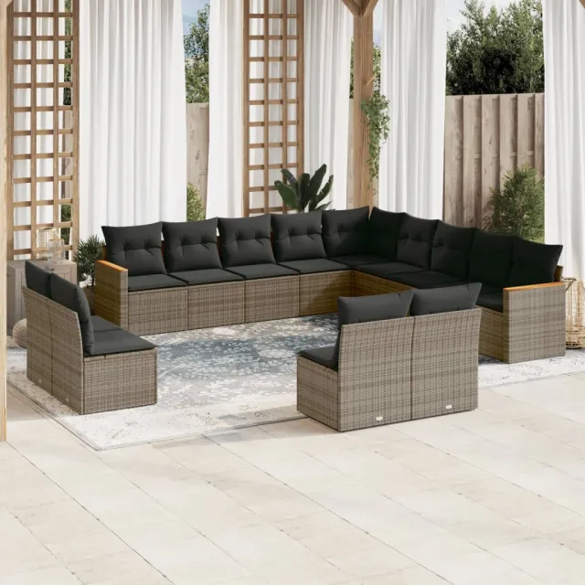 Salon de jardin avec coussins 13 pcs gris résine tressée