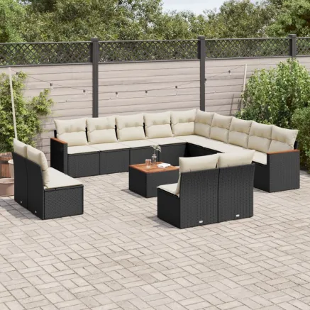 Salon de jardin avec coussins 14 pcs noir résine tressée