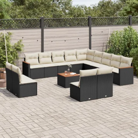 Salon de jardin avec coussins 14 pcs noir résine tressée