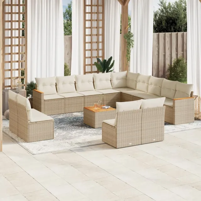 Salon de jardin avec coussins 14 pcs beige résine tressée