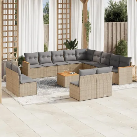 Salon de jardin et coussins 14 pcs mélange beige résine tressée