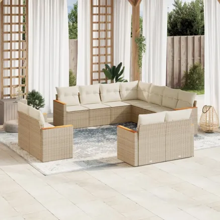 Salon de jardin 11 pcs avec coussins beige résine tressée