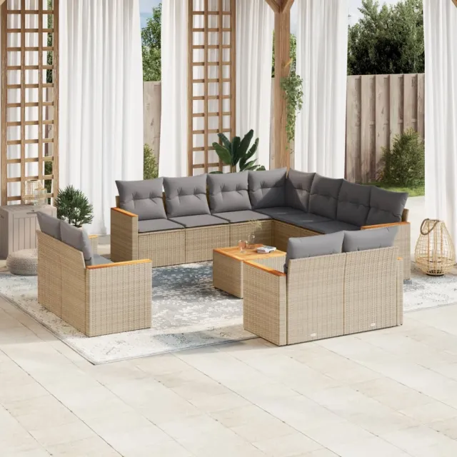 Salon de jardin et coussins 12 pcs mélange beige résine tressée