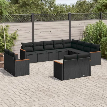 Salon de jardin 12 pcs avec coussins noir résine tressée