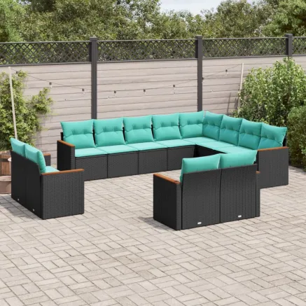 Salon de jardin avec coussins 12 pcs noir résine tressée