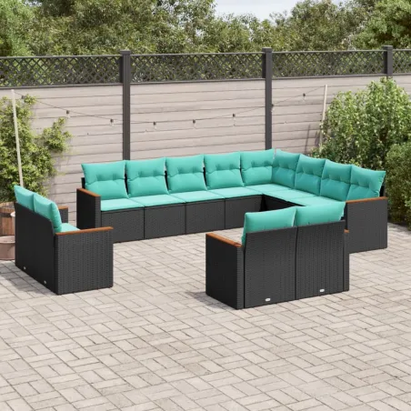 Salon de jardin avec coussins 12 pcs noir résine tressée