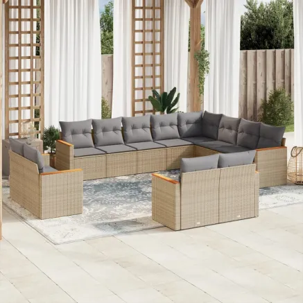 Salon de jardin et coussins 12 pcs mélange beige résine tressée