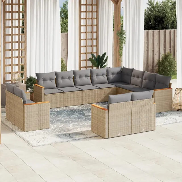 Salon de jardin et coussins 12 pcs mélange beige résine tressée
