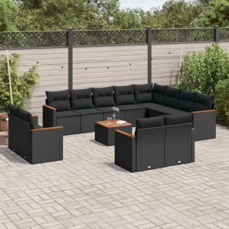 Salon de jardin avec coussins 13 pcs noir résine tressée