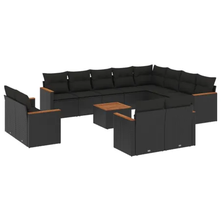 Salon de jardin avec coussins 13 pcs noir résine tressée