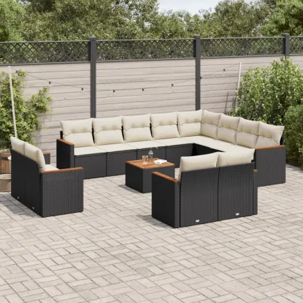 Salon de jardin avec coussins 13 pcs noir résine tressée