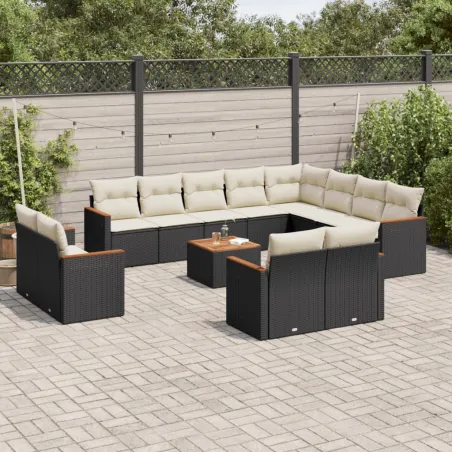Salon de jardin avec coussins 13 pcs noir résine tressée