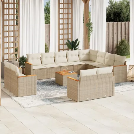 Salon de jardin avec coussins 13 pcs beige résine tressée