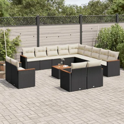 Salon de jardin avec coussins 14 pcs noir résine tressée