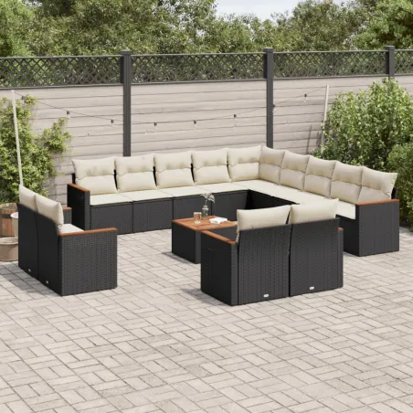 Salon de jardin avec coussins 14 pcs noir résine tressée
