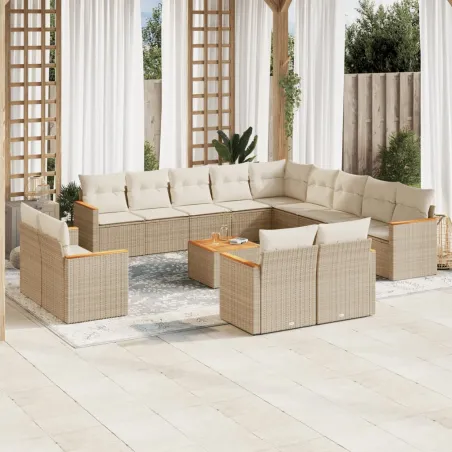 Salon de jardin avec coussins 14 pcs beige résine tressée