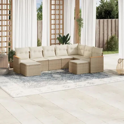 Salon de jardin avec coussins 9 pcs beige résine tressée