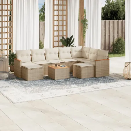 Salon de jardin avec coussins 10 pcs beige résine tressée