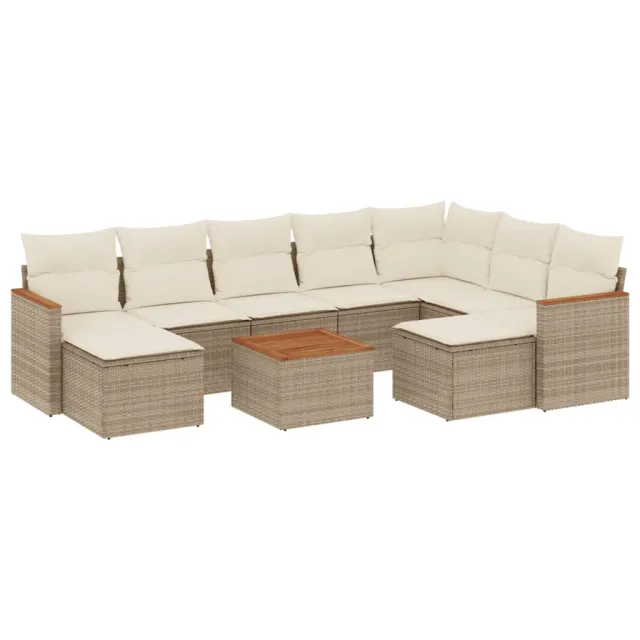 Salon de jardin avec coussins 10 pcs beige résine tressée