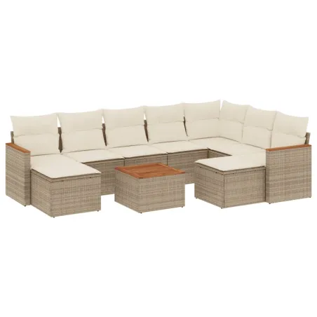 Salon de jardin avec coussins 10 pcs beige résine tressée