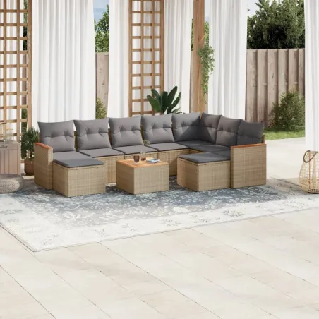 Salon de jardin et coussins 10 pcs mélange beige résine tressée