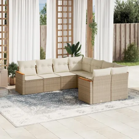 Salon de jardin avec coussins 8 pcs beige résine tressée