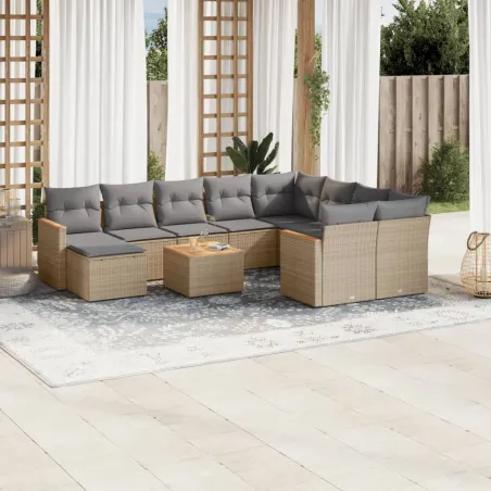 Salon de jardin et coussins 11 pcs mélange beige résine tressée