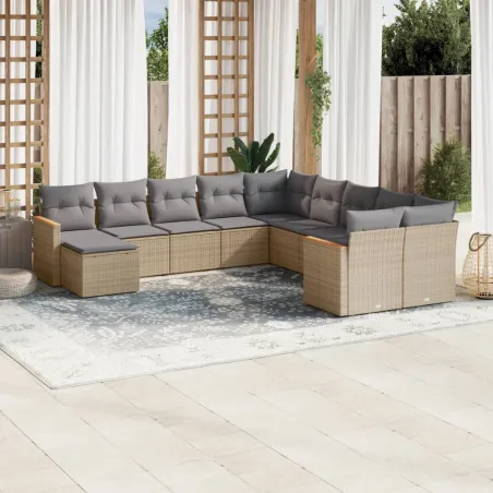 Salon de jardin et coussins 11 pcs mélange beige résine tressée