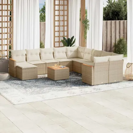 Salon de jardin avec coussins 12 pcs beige résine tressée
