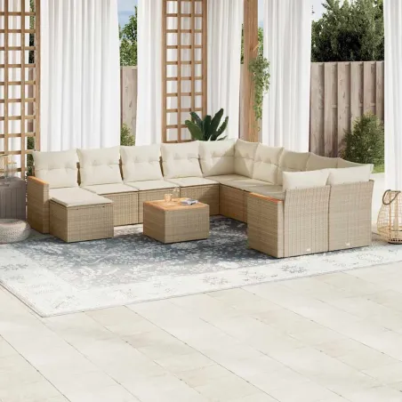 Salon de jardin avec coussins 12 pcs beige résine tressée