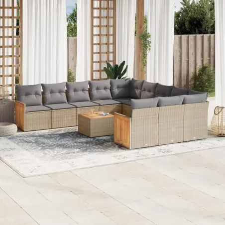 Salon de jardin et coussins 13 pcs mélange beige résine tressée