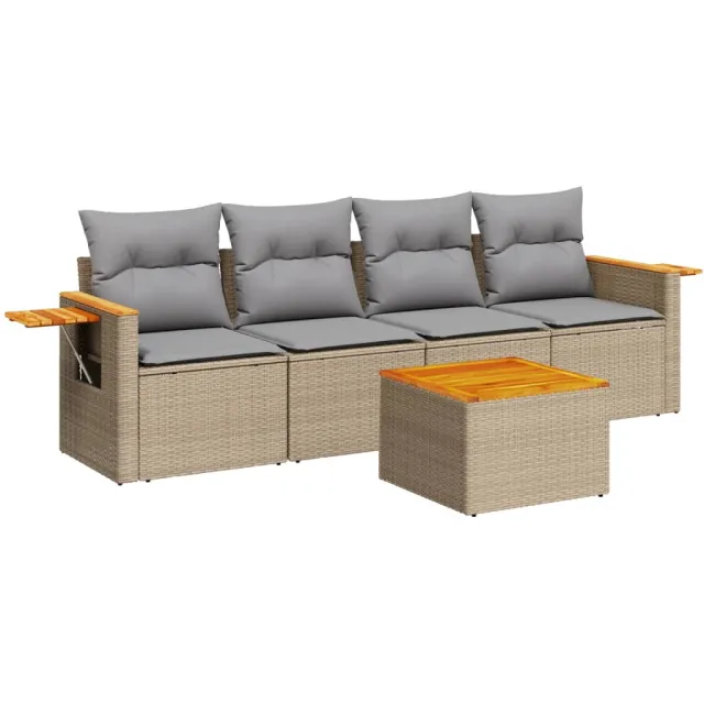 Salon de jardin avec coussins 5 pcs beige résine tressée