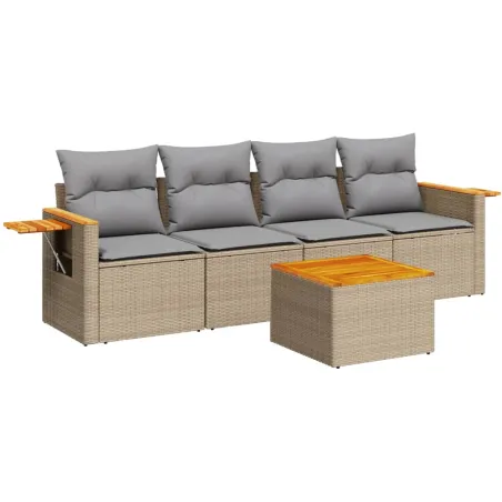 Salon de jardin avec coussins 5 pcs beige résine tressée