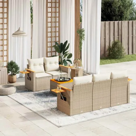 Salon de jardin avec coussins 6 pcs beige résine tressée