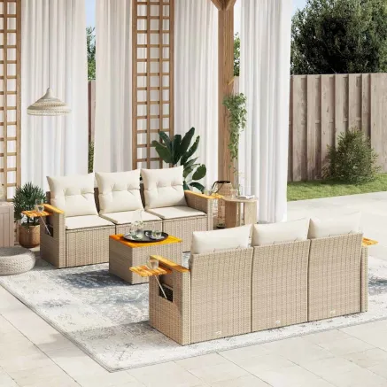 Salon de jardin avec coussins 7 pcs beige résine tressée