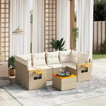 Salon de jardin avec coussins 7 pcs beige résine tressée