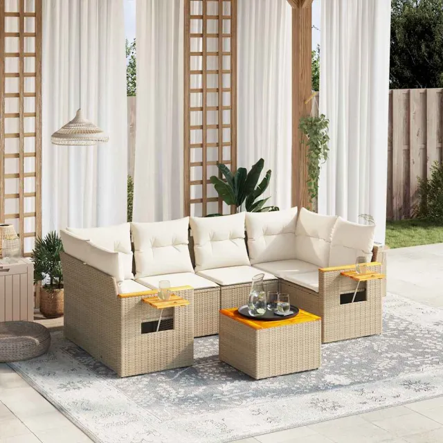 Salon de jardin avec coussins 7 pcs beige résine tressée