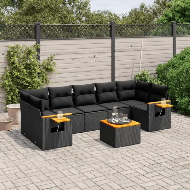 Salon de jardin 8 pcs avec coussins noir résine tressée
