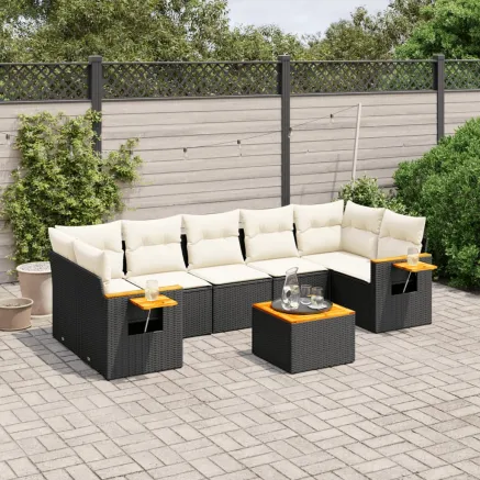Salon de jardin 8 pcs avec coussins noir résine tressée