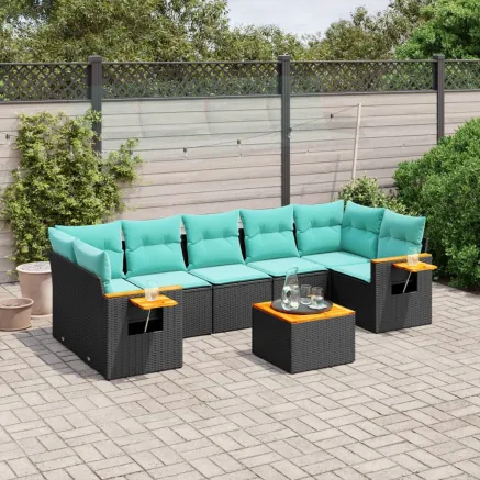 Salon de jardin 8 pcs avec coussins noir résine tressée