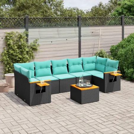 Salon de jardin 8 pcs avec coussins noir résine tressée
